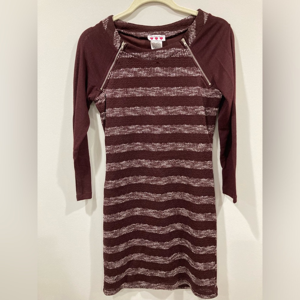 Trixxi Three Pink Hearts Burgundy Striped Bodycon 3/4 Length Sleeve Dress S